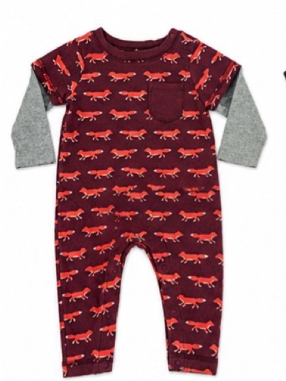 Tea Collection Burgundy Fox Print Romper with Gray Sleeves